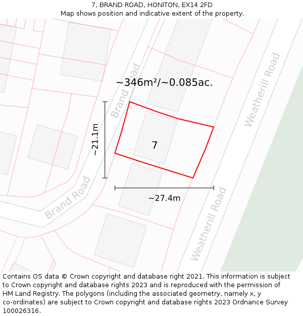 7, BRAND ROAD, HONITON, EX14 2FD: Plot and title map