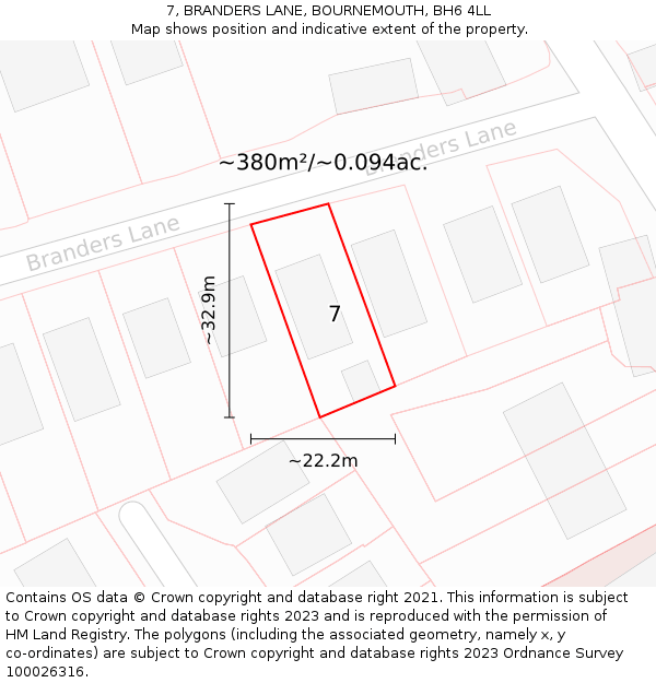 7, BRANDERS LANE, BOURNEMOUTH, BH6 4LL: Plot and title map