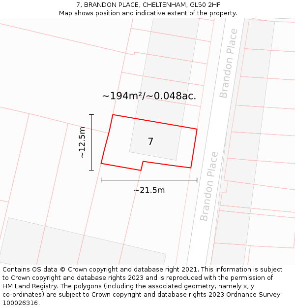 7, BRANDON PLACE, CHELTENHAM, GL50 2HF: Plot and title map