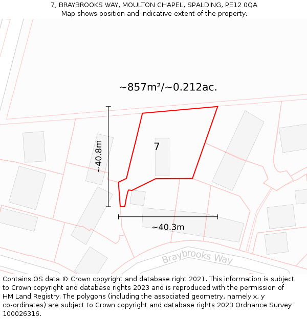 7, BRAYBROOKS WAY, MOULTON CHAPEL, SPALDING, PE12 0QA: Plot and title map