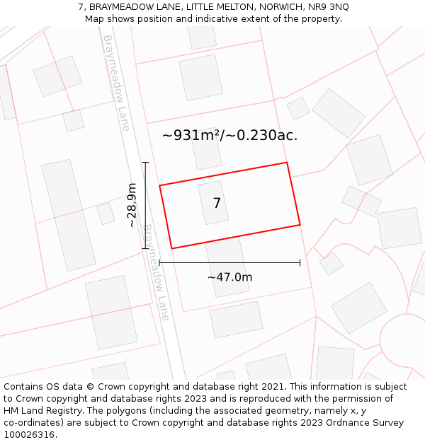 7, BRAYMEADOW LANE, LITTLE MELTON, NORWICH, NR9 3NQ: Plot and title map