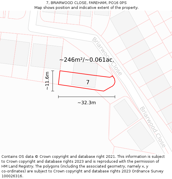 7, BRIARWOOD CLOSE, FAREHAM, PO16 0PS: Plot and title map