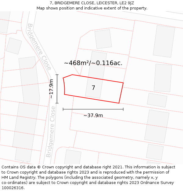 7, BRIDGEMERE CLOSE, LEICESTER, LE2 9JZ: Plot and title map