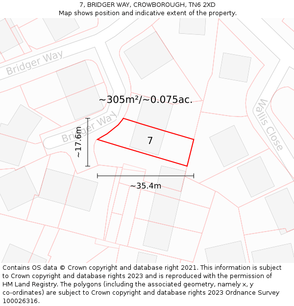 7, BRIDGER WAY, CROWBOROUGH, TN6 2XD: Plot and title map