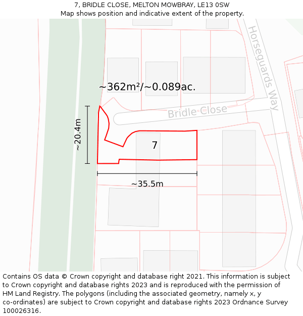 7, BRIDLE CLOSE, MELTON MOWBRAY, LE13 0SW: Plot and title map