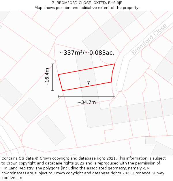 7, BROMFORD CLOSE, OXTED, RH8 9JF: Plot and title map