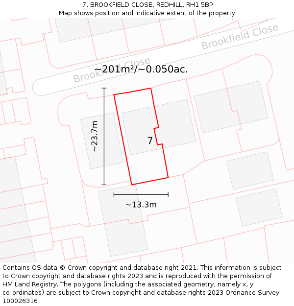 7, BROOKFIELD CLOSE, REDHILL, RH1 5BP: Plot and title map