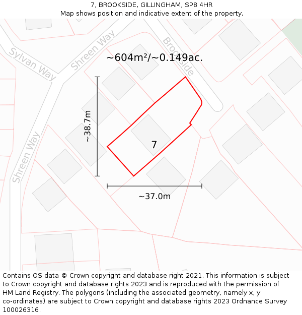 7, BROOKSIDE, GILLINGHAM, SP8 4HR: Plot and title map