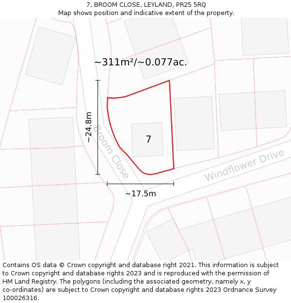 7, BROOM CLOSE, LEYLAND, PR25 5RQ: Plot and title map