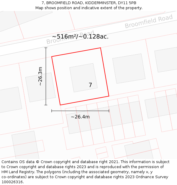 7, BROOMFIELD ROAD, KIDDERMINSTER, DY11 5PB: Plot and title map