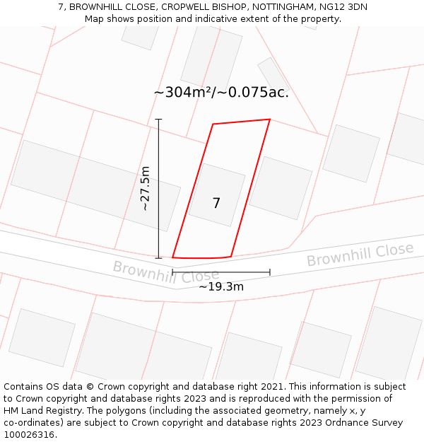 7, BROWNHILL CLOSE, CROPWELL BISHOP, NOTTINGHAM, NG12 3DN: Plot and title map