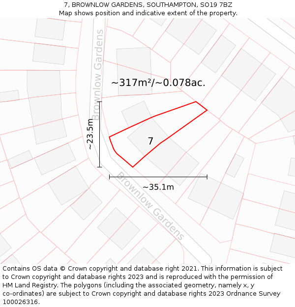 7, BROWNLOW GARDENS, SOUTHAMPTON, SO19 7BZ: Plot and title map