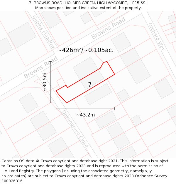 7, BROWNS ROAD, HOLMER GREEN, HIGH WYCOMBE, HP15 6SL: Plot and title map