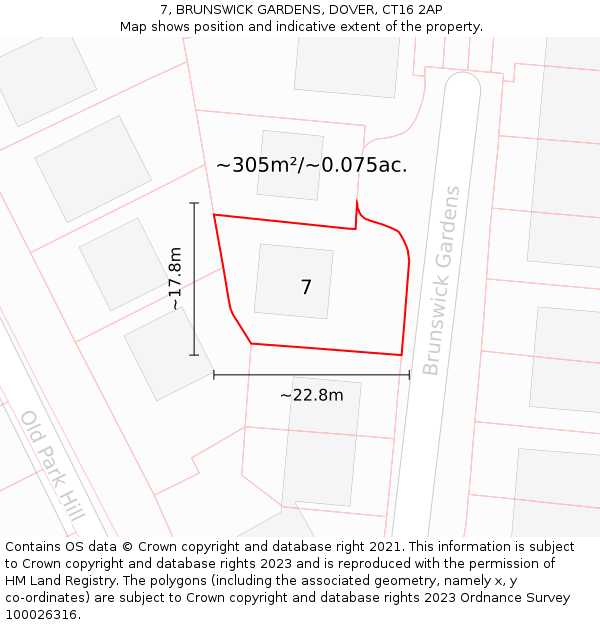 7, BRUNSWICK GARDENS, DOVER, CT16 2AP: Plot and title map