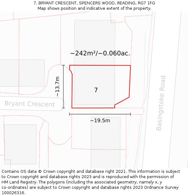 7, BRYANT CRESCENT, SPENCERS WOOD, READING, RG7 1FG: Plot and title map