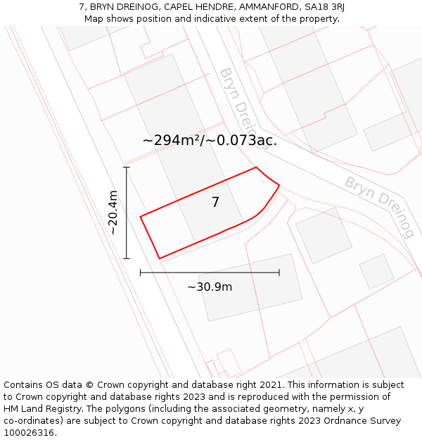 7, BRYN DREINOG, CAPEL HENDRE, AMMANFORD, SA18 3RJ: Plot and title map