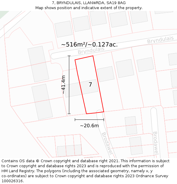 7, BRYNDULAIS, LLANWRDA, SA19 8AG: Plot and title map