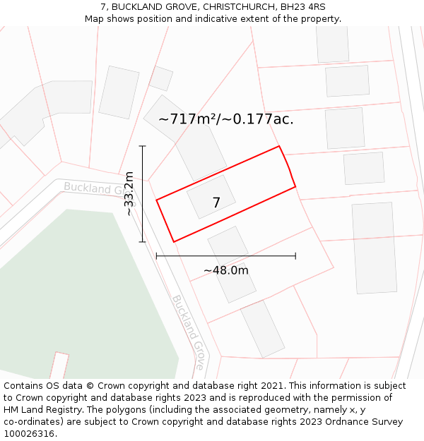 7, BUCKLAND GROVE, CHRISTCHURCH, BH23 4RS: Plot and title map