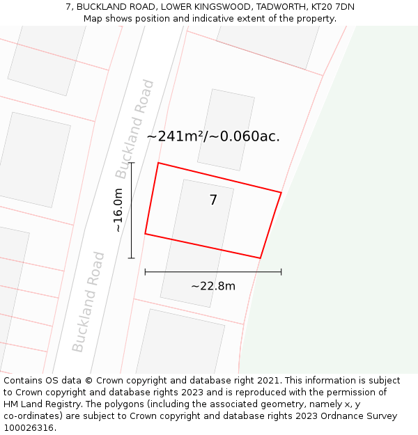 7, BUCKLAND ROAD, LOWER KINGSWOOD, TADWORTH, KT20 7DN: Plot and title map