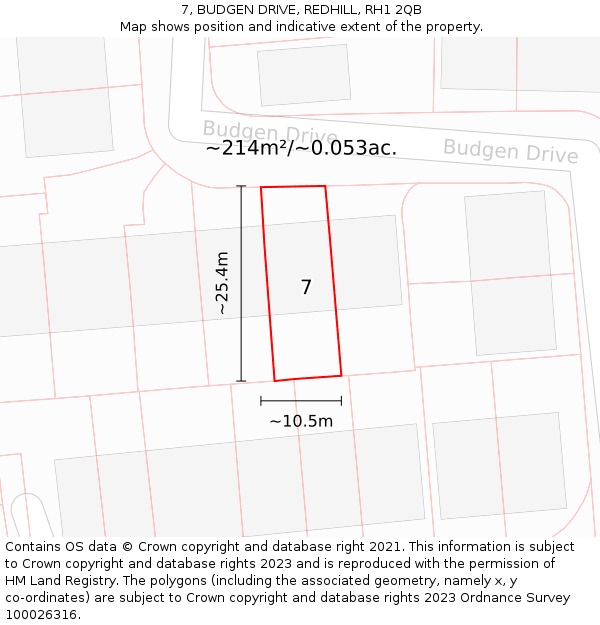 7, BUDGEN DRIVE, REDHILL, RH1 2QB: Plot and title map