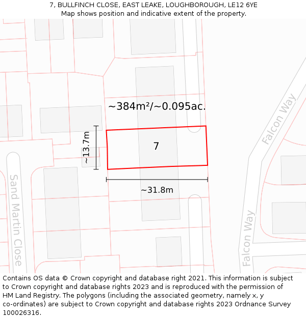 7, BULLFINCH CLOSE, EAST LEAKE, LOUGHBOROUGH, LE12 6YE: Plot and title map