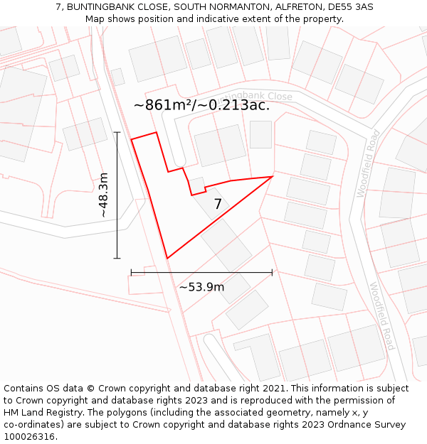 7, BUNTINGBANK CLOSE, SOUTH NORMANTON, ALFRETON, DE55 3AS: Plot and title map