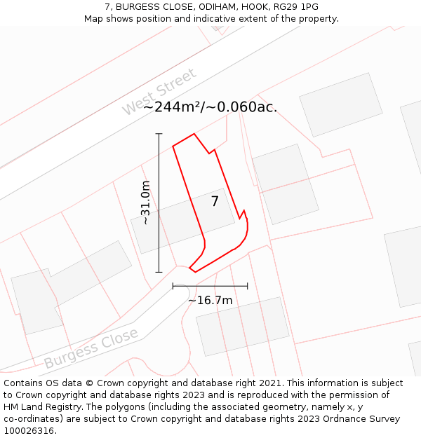 7, BURGESS CLOSE, ODIHAM, HOOK, RG29 1PG: Plot and title map