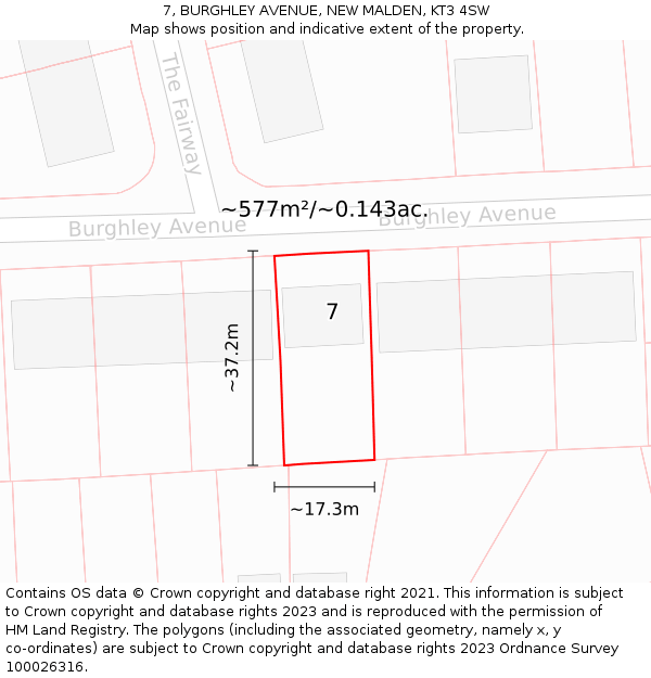 7, BURGHLEY AVENUE, NEW MALDEN, KT3 4SW: Plot and title map
