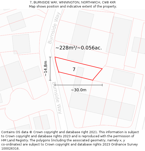 7, BURNSIDE WAY, WINNINGTON, NORTHWICH, CW8 4XR: Plot and title map