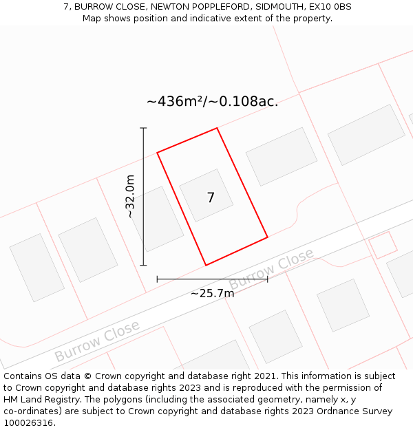 7, BURROW CLOSE, NEWTON POPPLEFORD, SIDMOUTH, EX10 0BS: Plot and title map