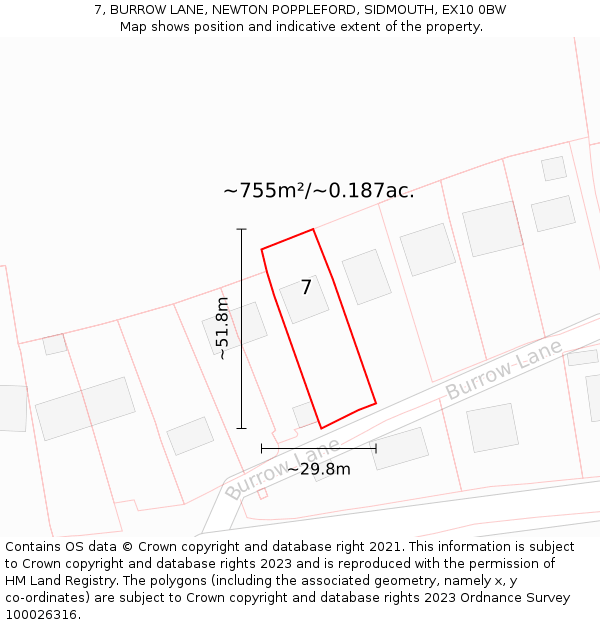 7, BURROW LANE, NEWTON POPPLEFORD, SIDMOUTH, EX10 0BW: Plot and title map