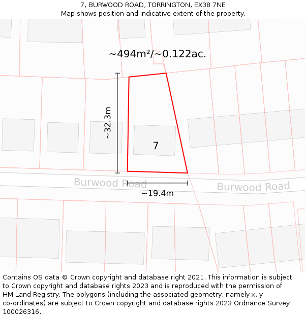 7, BURWOOD ROAD, TORRINGTON, EX38 7NE: Plot and title map