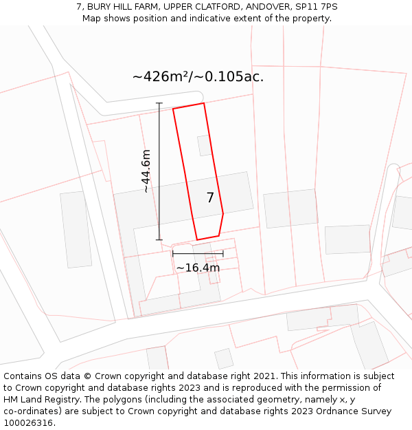 7, BURY HILL FARM, UPPER CLATFORD, ANDOVER, SP11 7PS: Plot and title map