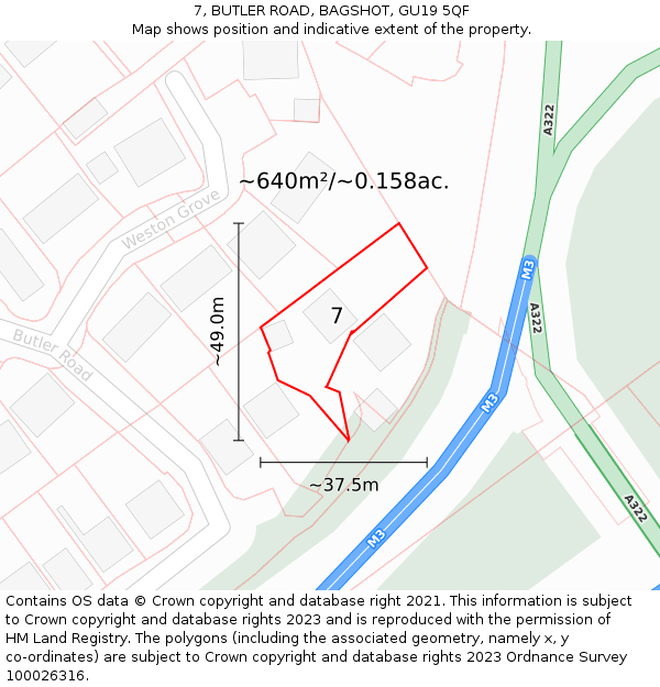 7, BUTLER ROAD, BAGSHOT, GU19 5QF: Plot and title map