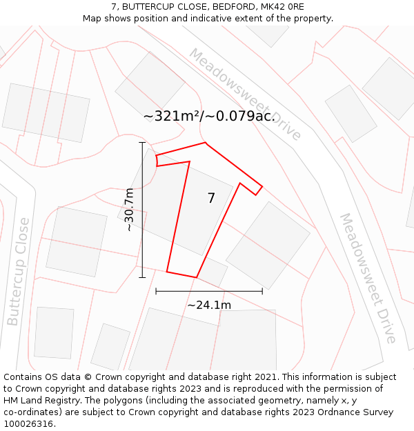 7, BUTTERCUP CLOSE, BEDFORD, MK42 0RE: Plot and title map