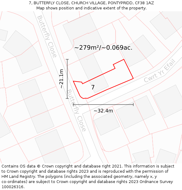 7, BUTTERFLY CLOSE, CHURCH VILLAGE, PONTYPRIDD, CF38 1AZ: Plot and title map