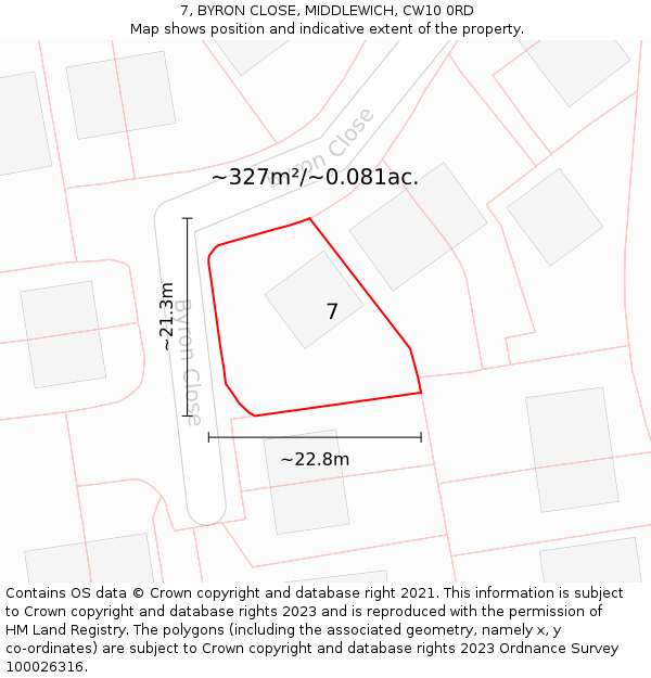 7, BYRON CLOSE, MIDDLEWICH, CW10 0RD: Plot and title map