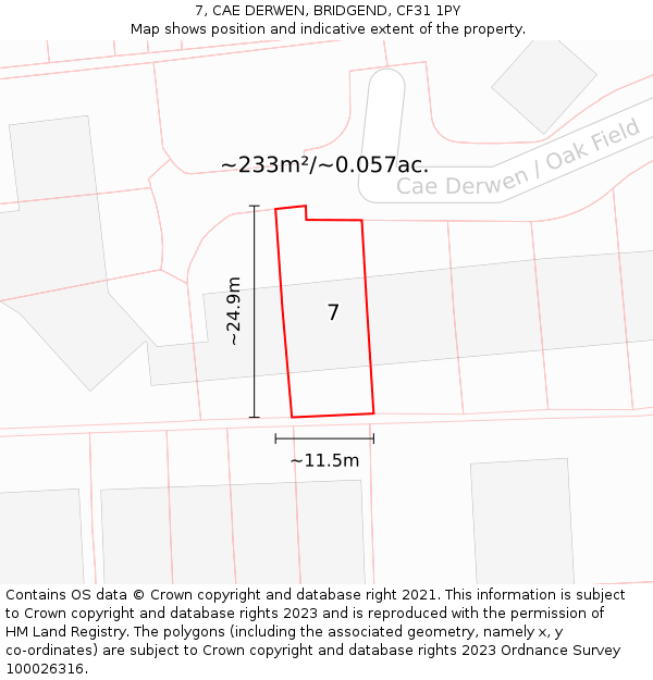 7, CAE DERWEN, BRIDGEND, CF31 1PY: Plot and title map