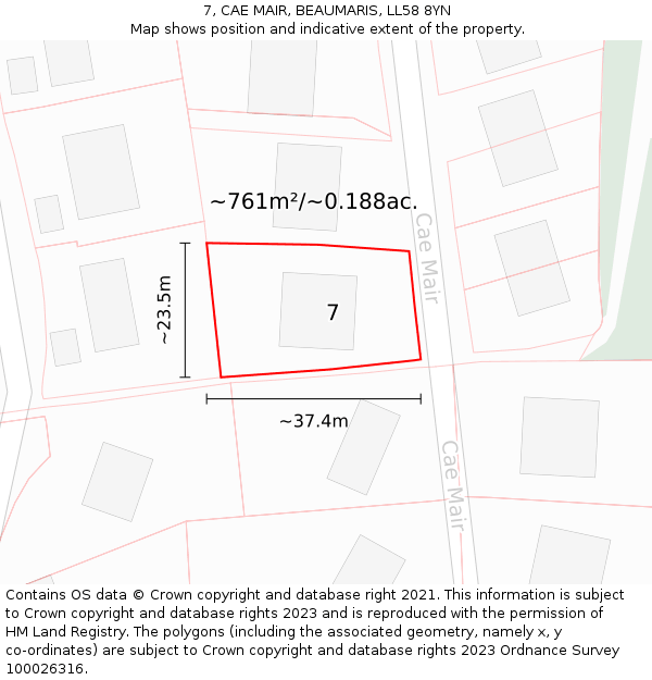 7, CAE MAIR, BEAUMARIS, LL58 8YN: Plot and title map