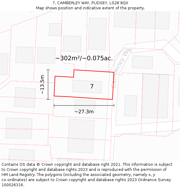 7, CAMBERLEY WAY, PUDSEY, LS28 8QX: Plot and title map