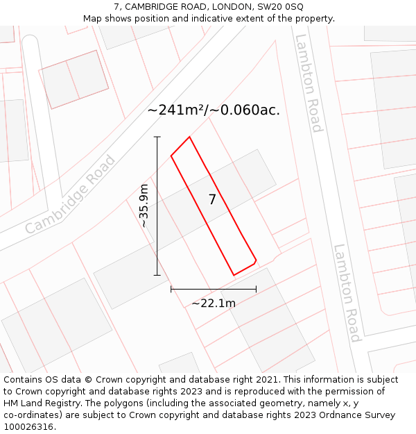 7, CAMBRIDGE ROAD, LONDON, SW20 0SQ: Plot and title map