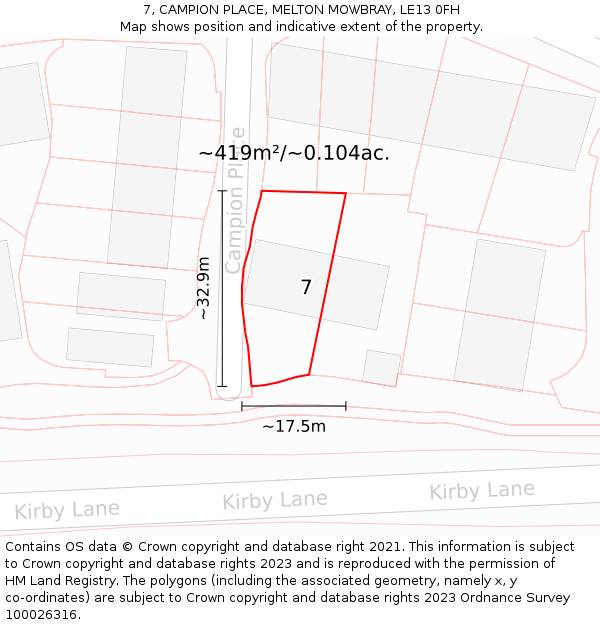 7, CAMPION PLACE, MELTON MOWBRAY, LE13 0FH: Plot and title map