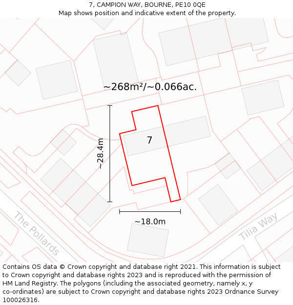 7, CAMPION WAY, BOURNE, PE10 0QE: Plot and title map