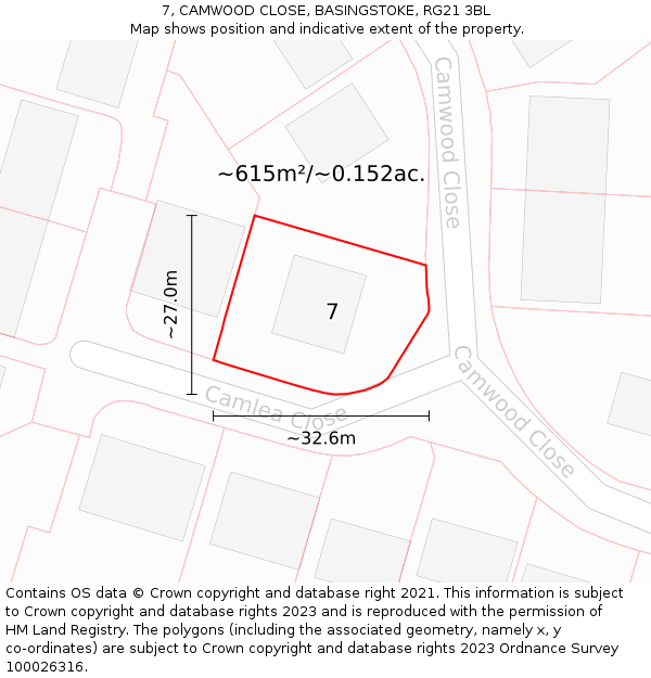 7, CAMWOOD CLOSE, BASINGSTOKE, RG21 3BL: Plot and title map