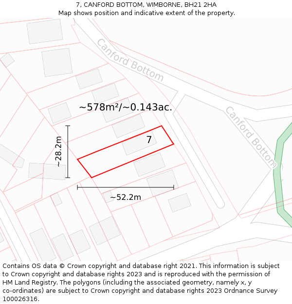 7, CANFORD BOTTOM, WIMBORNE, BH21 2HA: Plot and title map