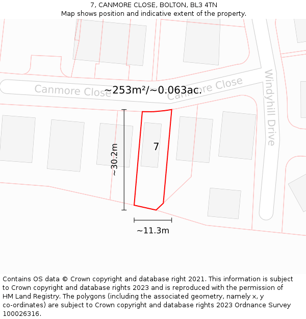 7, CANMORE CLOSE, BOLTON, BL3 4TN: Plot and title map