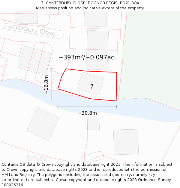 7, CANTERBURY CLOSE, BOGNOR REGIS, PO21 3QX: Plot and title map