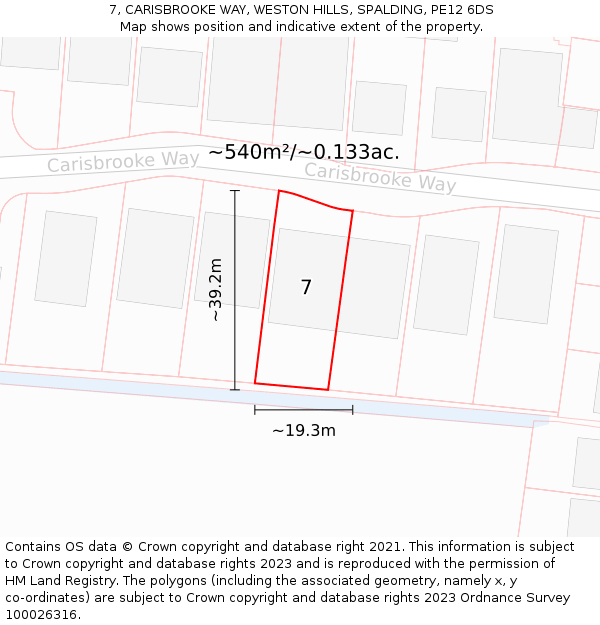 7, CARISBROOKE WAY, WESTON HILLS, SPALDING, PE12 6DS: Plot and title map