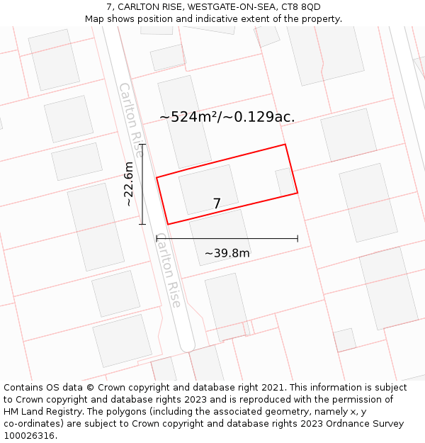7, CARLTON RISE, WESTGATE-ON-SEA, CT8 8QD: Plot and title map