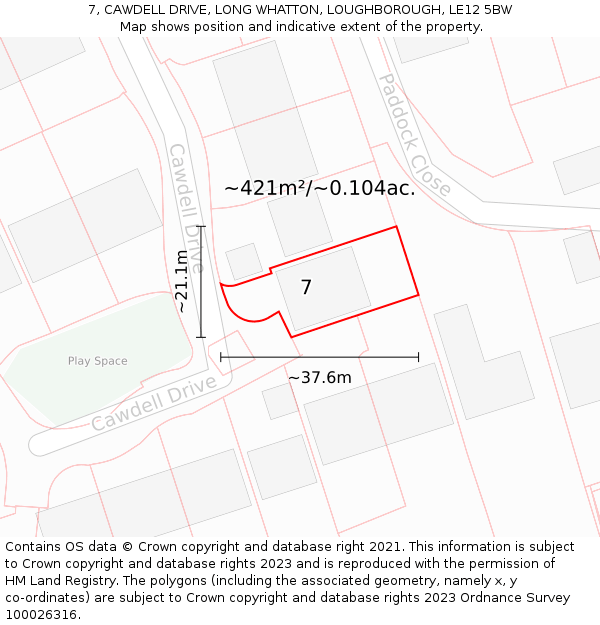 7, CAWDELL DRIVE, LONG WHATTON, LOUGHBOROUGH, LE12 5BW: Plot and title map